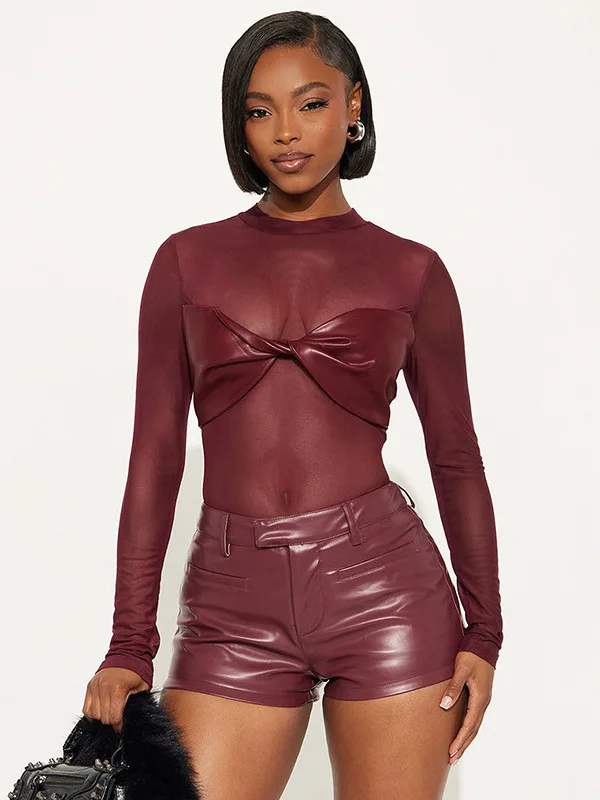 مثير لي بو الجلود طويلة Sve نيسيي Faion الأعلى للنساء عقدة تصميم ضيق عالية الخصر ort طول جولة Ne T-irt