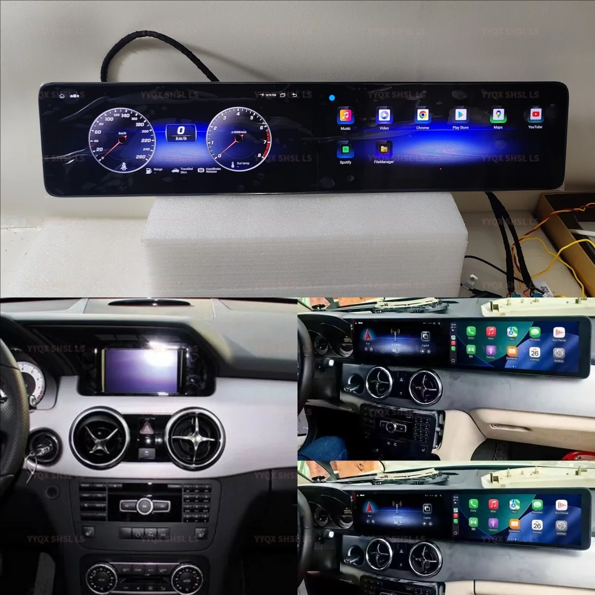 

24,6-дюймовый Android автомобильный радиоприемник Carplay двойной экран GPS Navi стерео мультимедийный магнитофон для Mercedes Benz GLK 2013-2015