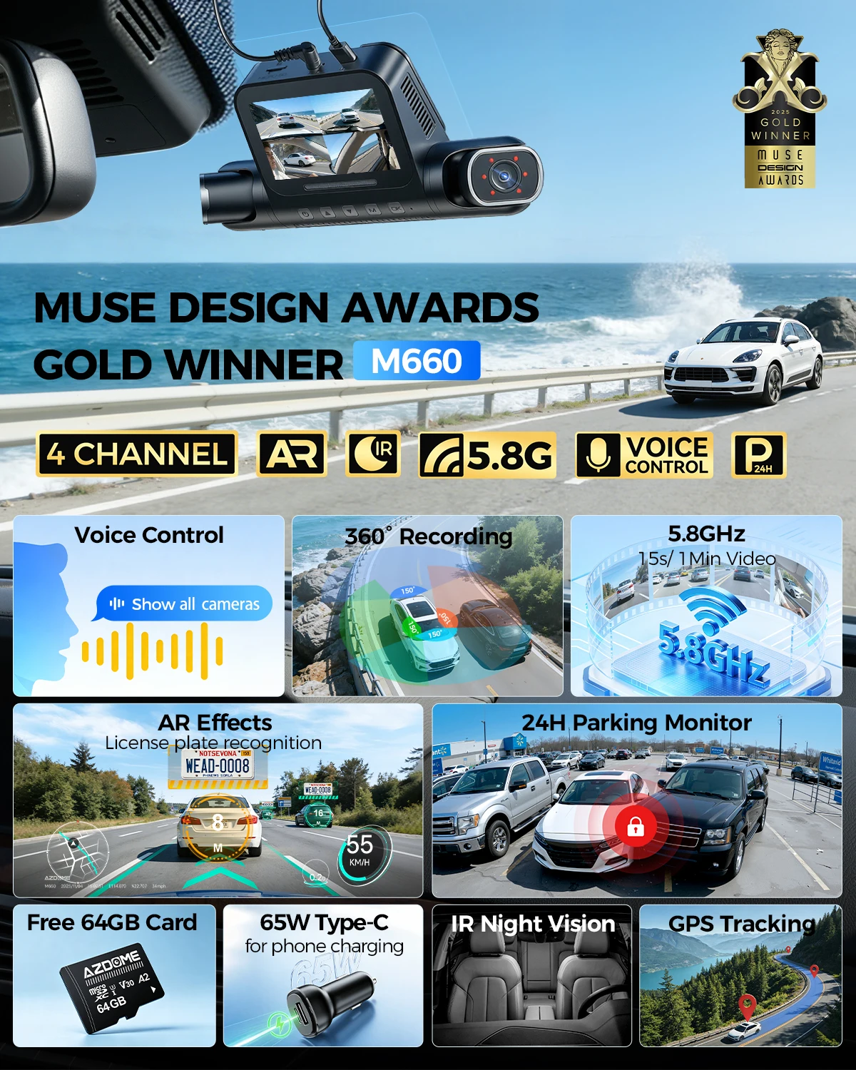 AZDOME M660 2.5K+3*1080P 4채널 차량용 블랙박스 GPS 5G 와이파이 ... - 1