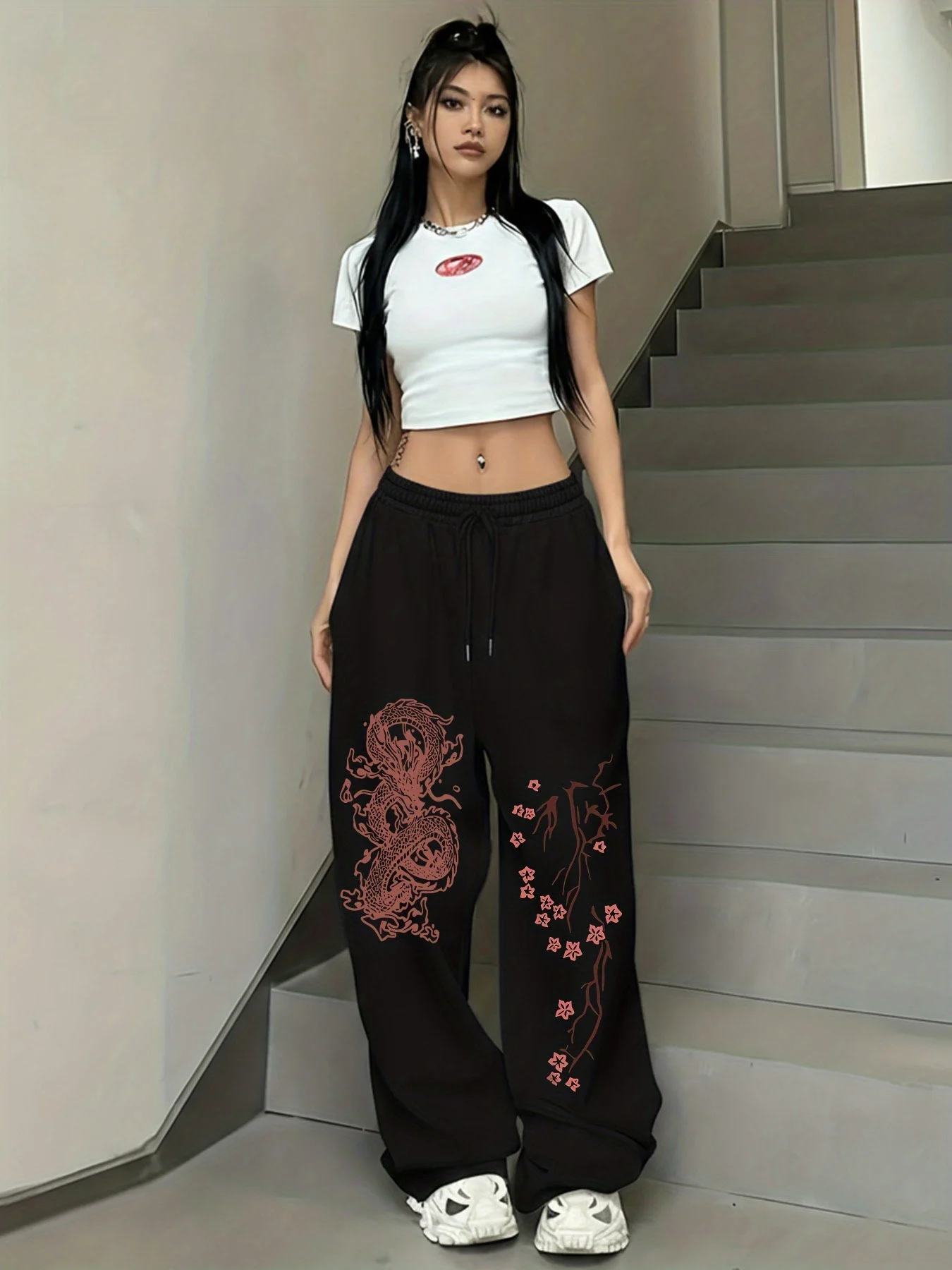 Red dragon pattern and cherry blossom pattern printed casual sports pants, American casual trend women's straight leg pants