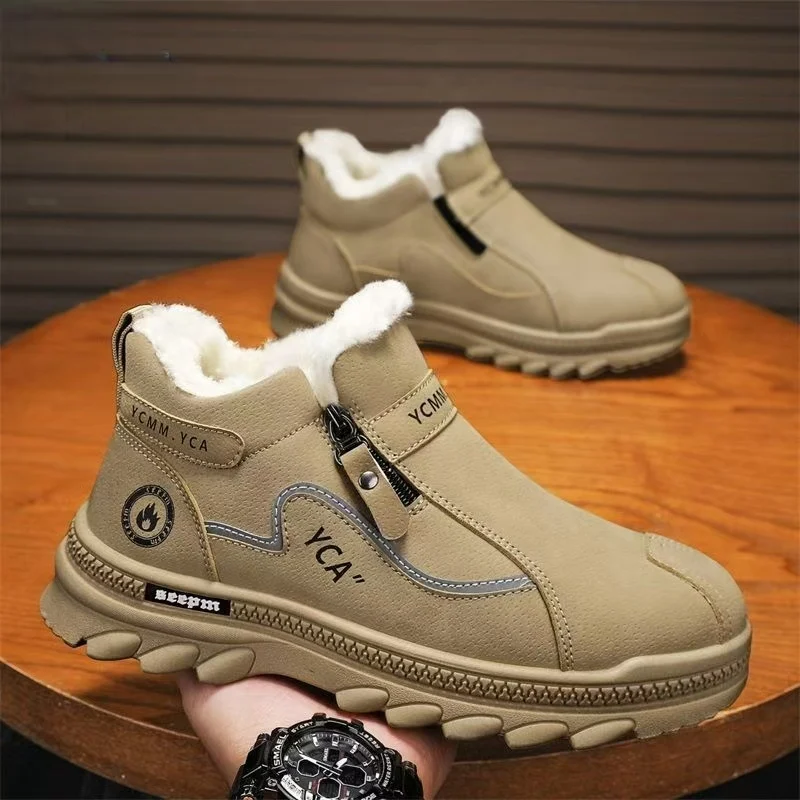 

Men Winter New Leather Ankle Snow Boots Thick Sole Non Slip Waterproof Thicken Plush Keep Warm Outdoor Work Boots Cotton Shoes
