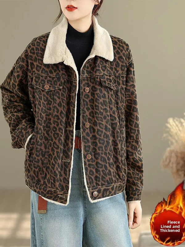 

plus Size Women's Casual Loose Fce Lined Denim Jaet Winter Thiened Korean Sle Straight Cut Long Sve Collar