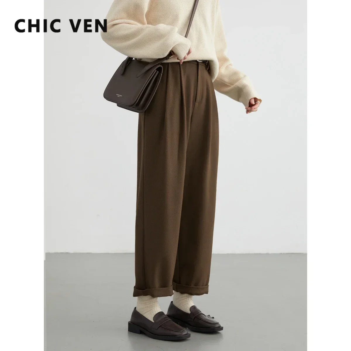 CHIC VEN Korean Women's Pant Solid New High Waist Pleated Casual Trousers Office Lady Suit Pants Autumn Winter 2023