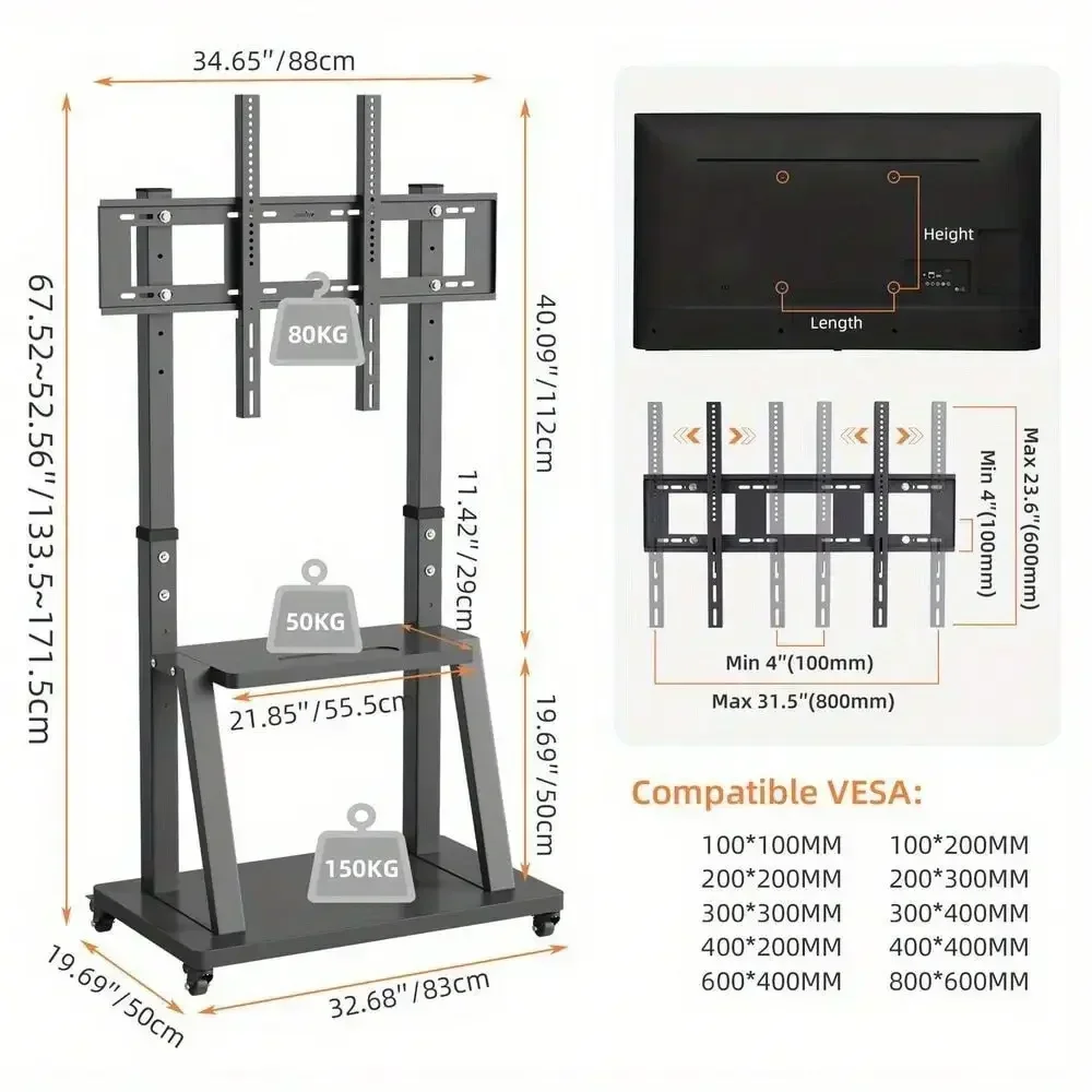 حامل تلفزيون قوي حامل عربة متنقل مع أرفف للوحة المسطحة 32-100 بوصة يحمل 176 رطلًا
