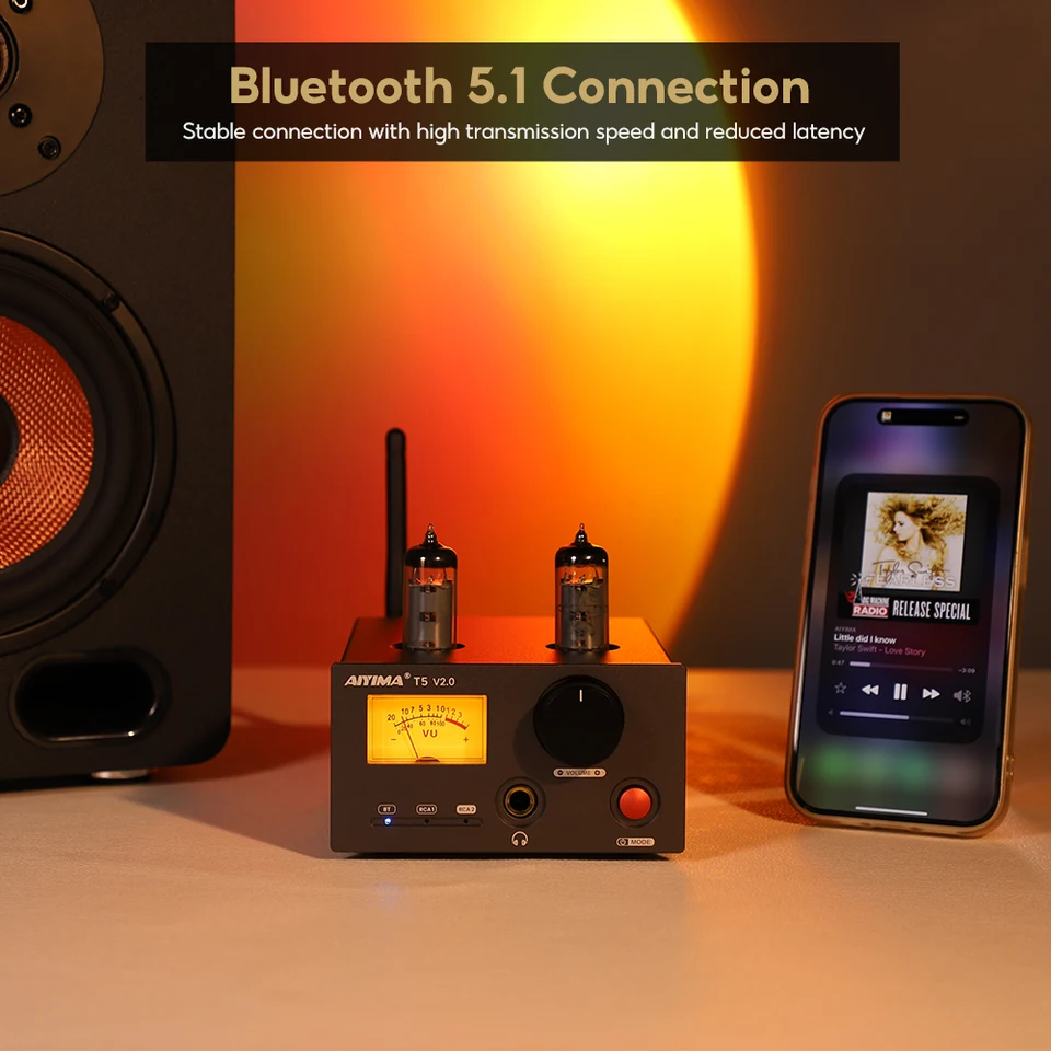 AIYIMA T5 V2.0 Bluetooth対応 真空管 ヘッドホンアンプ AIYIMA T5 V2.0 HiFi 2RCA Bluetooth 5.1 真空管ヘッドホンアンプ VU