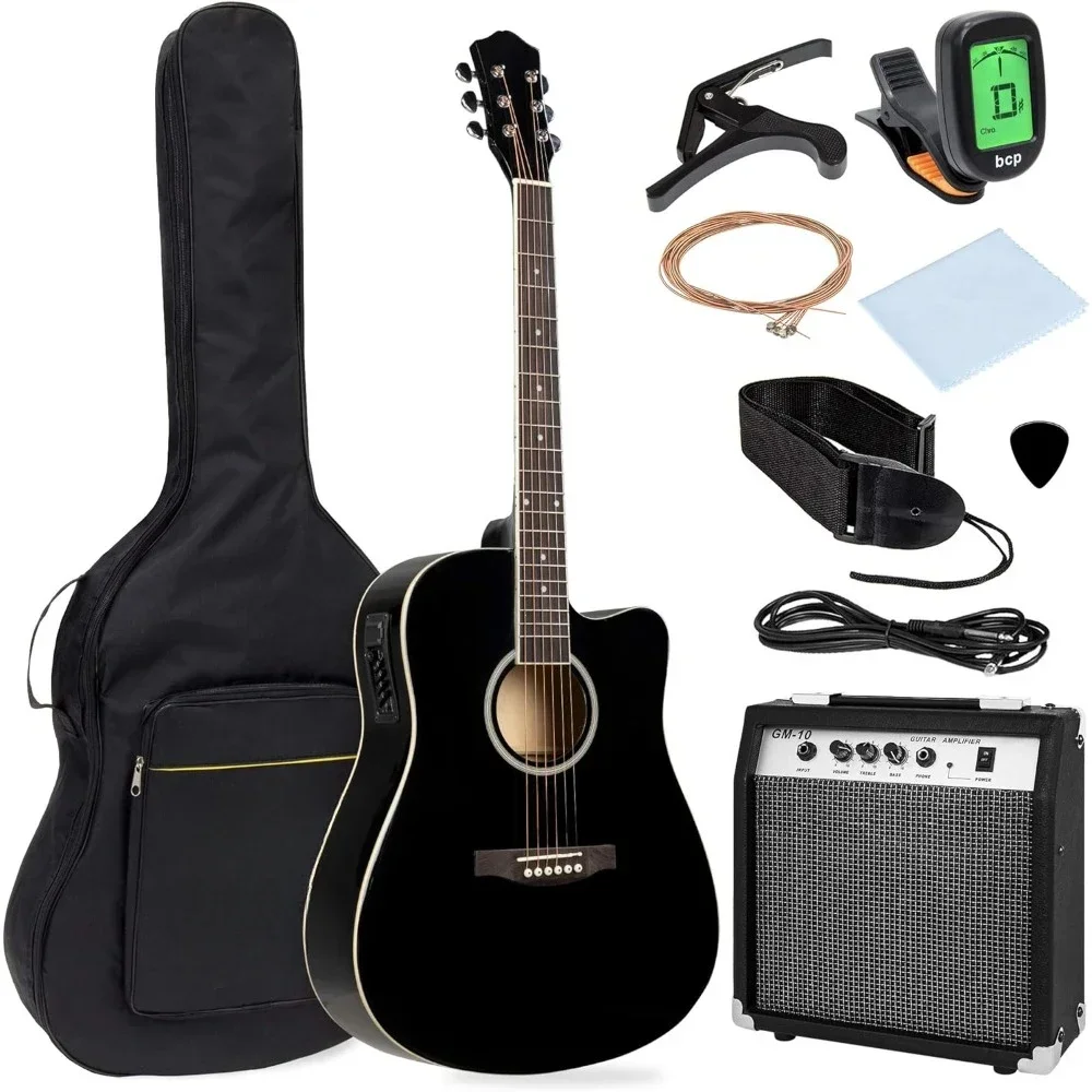 

Beginner Acoustic Electric Guitar Starter Set w/ 41in, All Wood Cutaway Design, Case, Strap, Picks, Tuner - Black