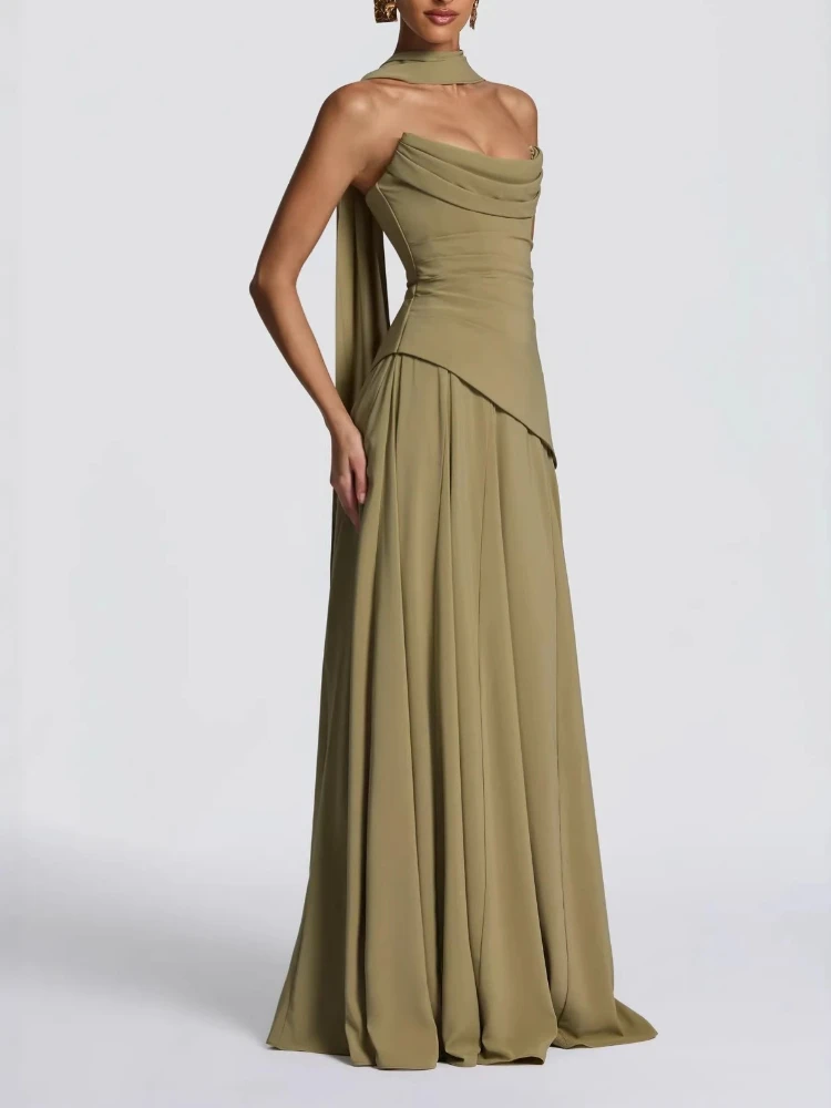 Elegant Chiffon Simple Evening Gown Strapless Cowl Neck Draped Detail Lace-up Back Convertible Scarf Maxi Dress Prom Wedding view 5