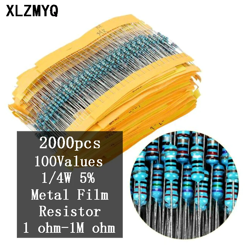 2000pcs 100Values 1/4W Metal Film Resistor Assorted Kit, 1 ohm-1M ohm Resistors 4.7R 5.1R 10R 22R 470R 1K 2K 4.7K 100K 680K