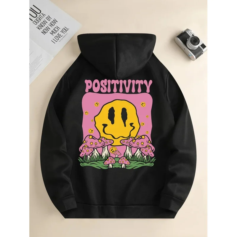 Men's new fashion hoodie, casual daily drawstring hooded sweatshirt, mushroom print, front kangaroo pocket, men's jacket