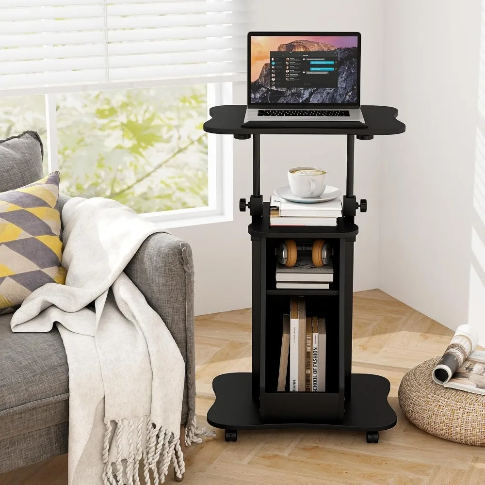 عربة كمبيوتر محمول قابلة لضبط الارتفاع مع سطح طاولة مائل، وحامل منبر دوار، ومقصورات تخزين، ومنصة متنقلة للعرض #2