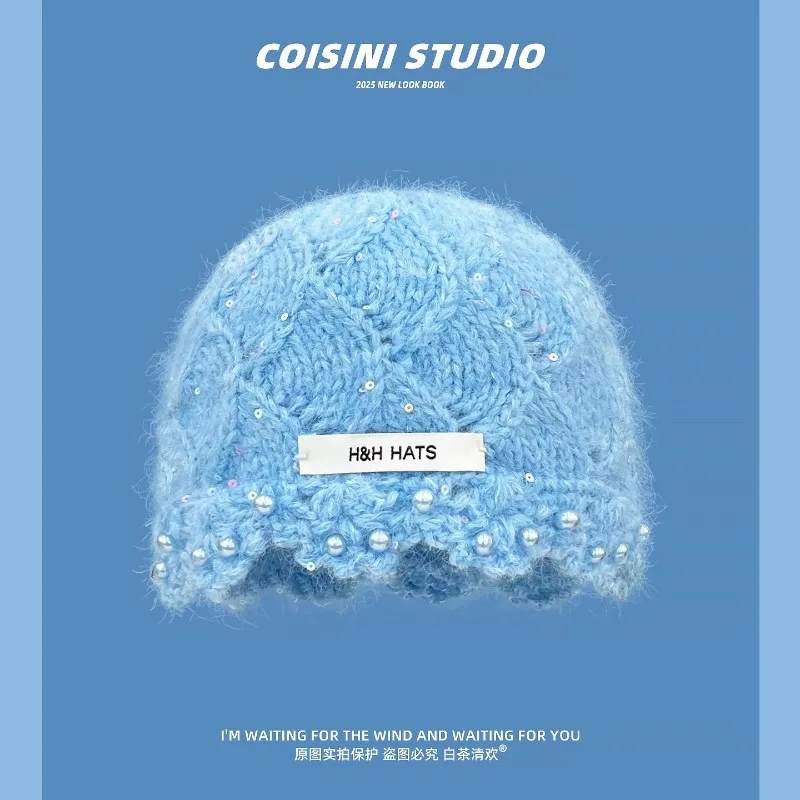 Ins الحلو اللؤلؤ الترتر تصميم بيني ملونة للنساء الخريف والشتاء الدافئة تنوعا موضة عادية بلوفر مغزول القبعات