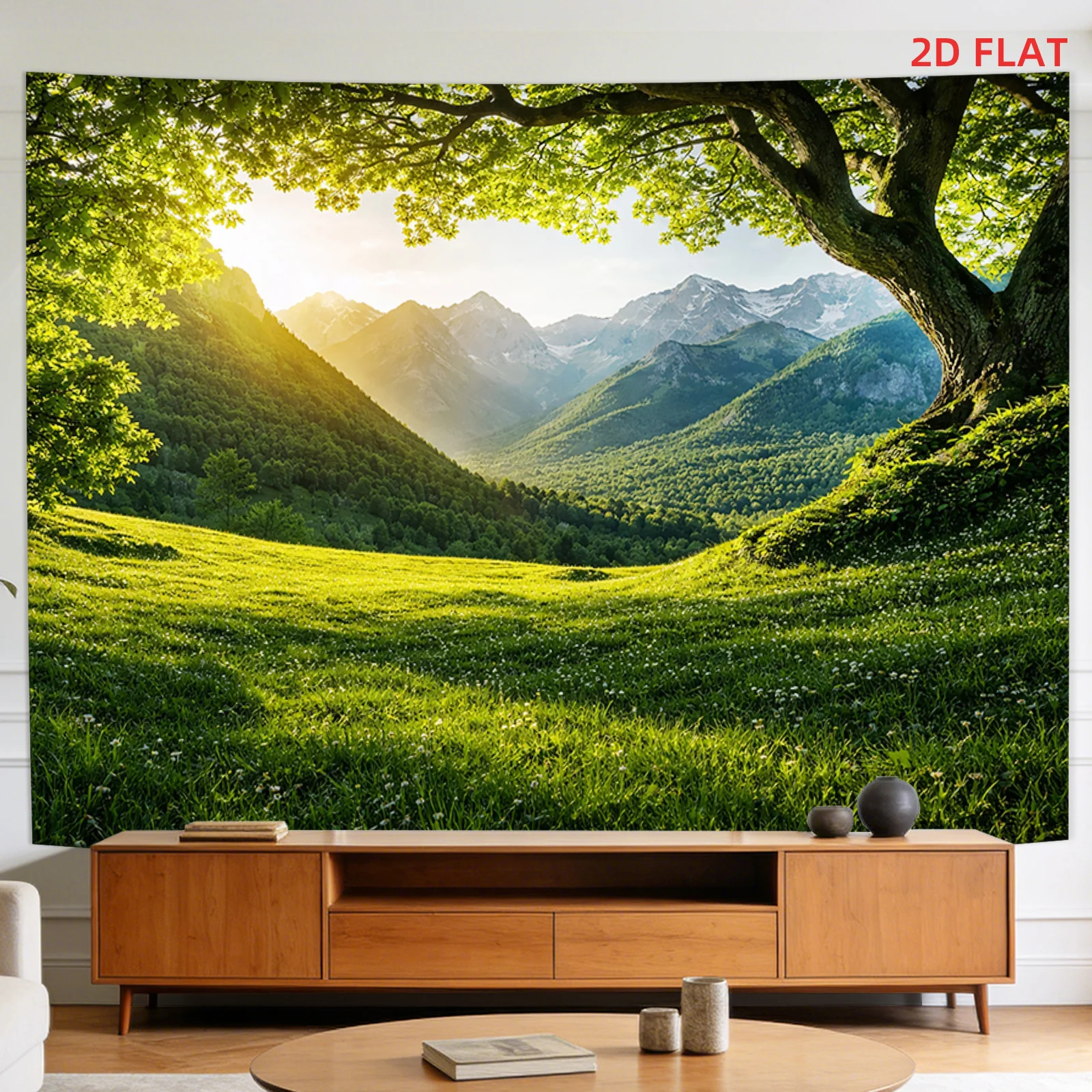Vibrant Green Forest Landscape Tapestry Mural Wall Decor Sunlight Nature Artwork Print for Living Room Bedroom Home Interior Dec