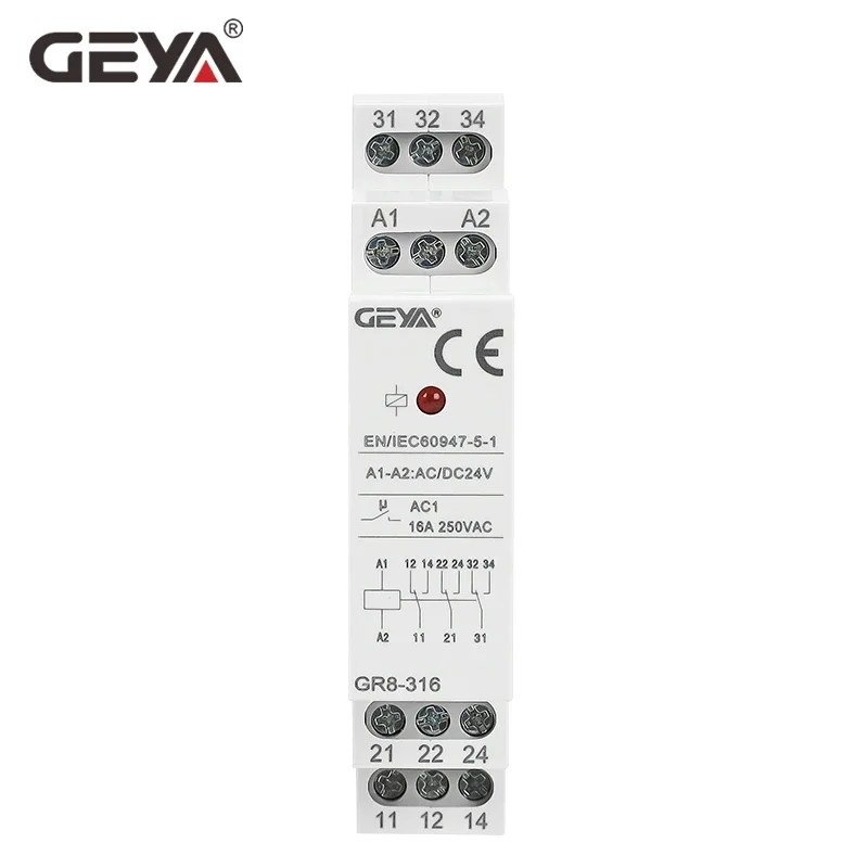 GEYA GR8 Din Rail 12V 24V 48V  Auxiliary Relay Industrial Control Mini Intermediate Relay AC/DC12V with 1SPDT 2SPDT 3SPDT