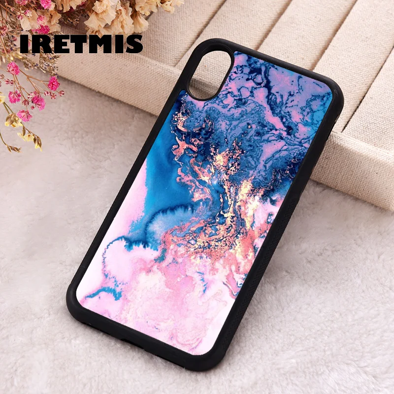 Iretmis Phone Cover Case For iPhone X XS Max XR 11 12 13 PRO MINI 14 15 16 Plus Rubber Silicone TPU Rainbow Marble Gold