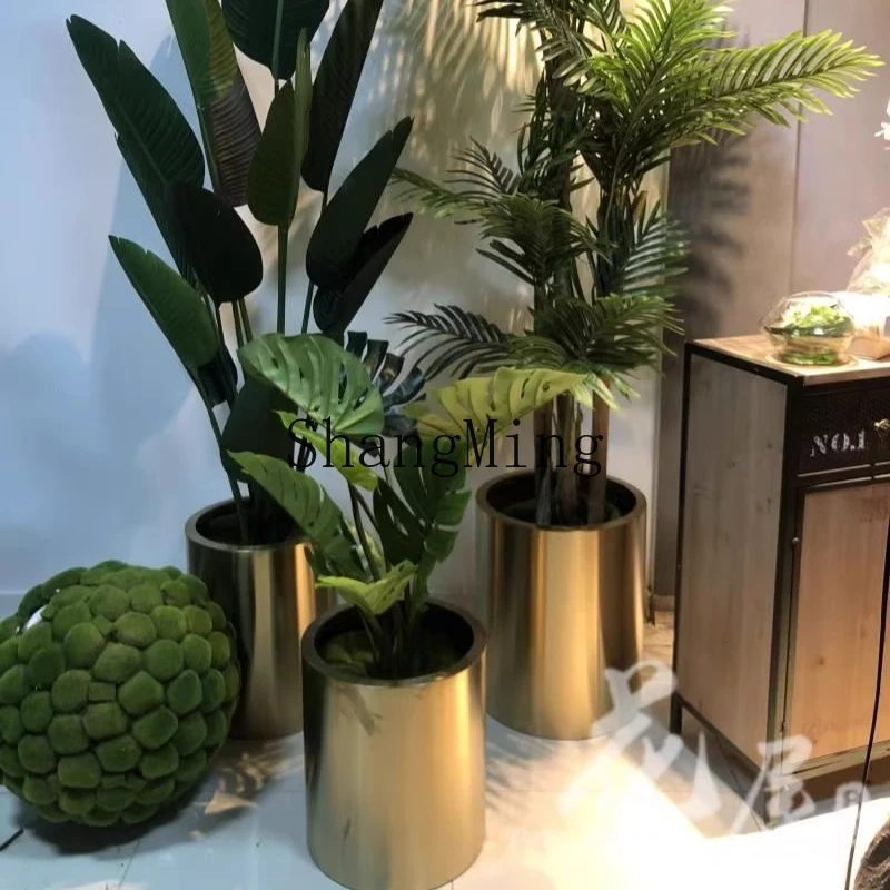 

FG Simulation Green Plant Floor Bonsai Stainless Steel Vase Set Hotel Model Room Restaurant Floral Ornament