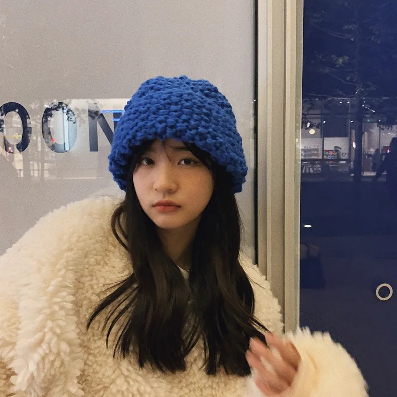 Coarse Knitted Pineapple Pattern Woolen CapinsWinter All-Matching Big Circumference Klein Blue Hat Female Trendy and Small