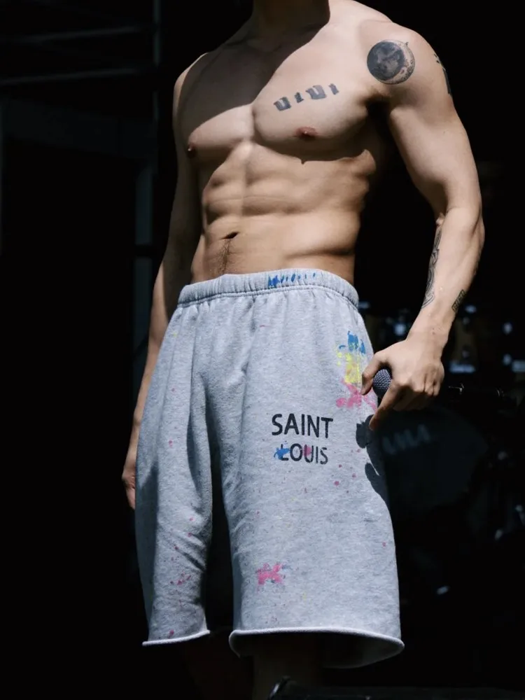 

Летняя Повседневная мужская футболка Saint Louis American High Street Spor Fiti Dyeing Heavyweight orts Trendy VTG с низкой талией свободного покроя