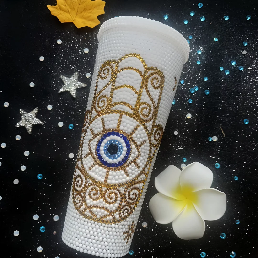 Sparkle Evil Eye Tumbler AB/White Rhinestone Straw Water Bottle 24oz Turkish Eye Thermos Bottles Coffee Mug