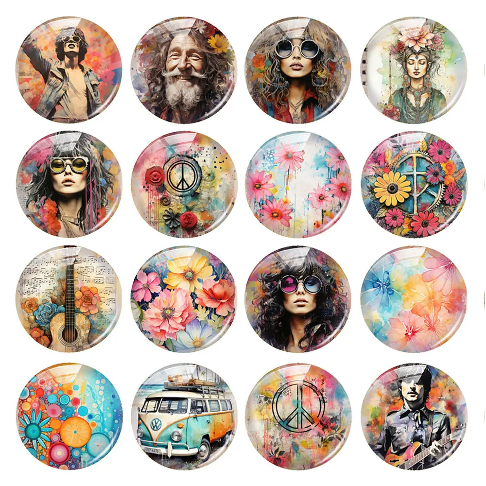 

Random Mixed Round/Oval/Square Hippie Retro Rock Collage Flower Photo Glass Cabochon Flatback Demo Cameo For Diy Jewelry Making