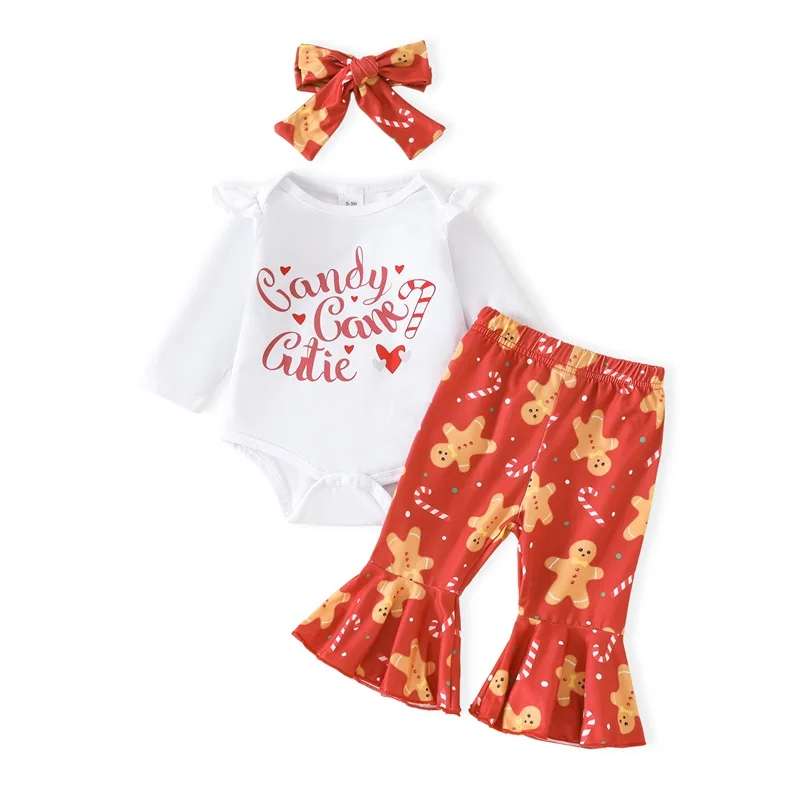 Baby Girls Christmas Pants Sets Long Sleeve Letter Print Romper Gingerbread Man Print Flared Pants Headband Sets