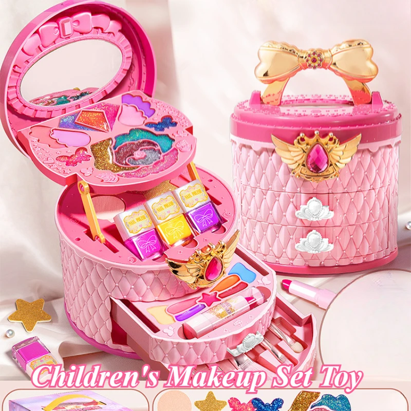 Juego de maquillaje para niñas, caja de juguetes cosmética de tres capas, juego para niños, brochas de maquillaje, lápiz labial, rubor, sombra de ojos, esmalte de uñas, juguete de belleza de princesa