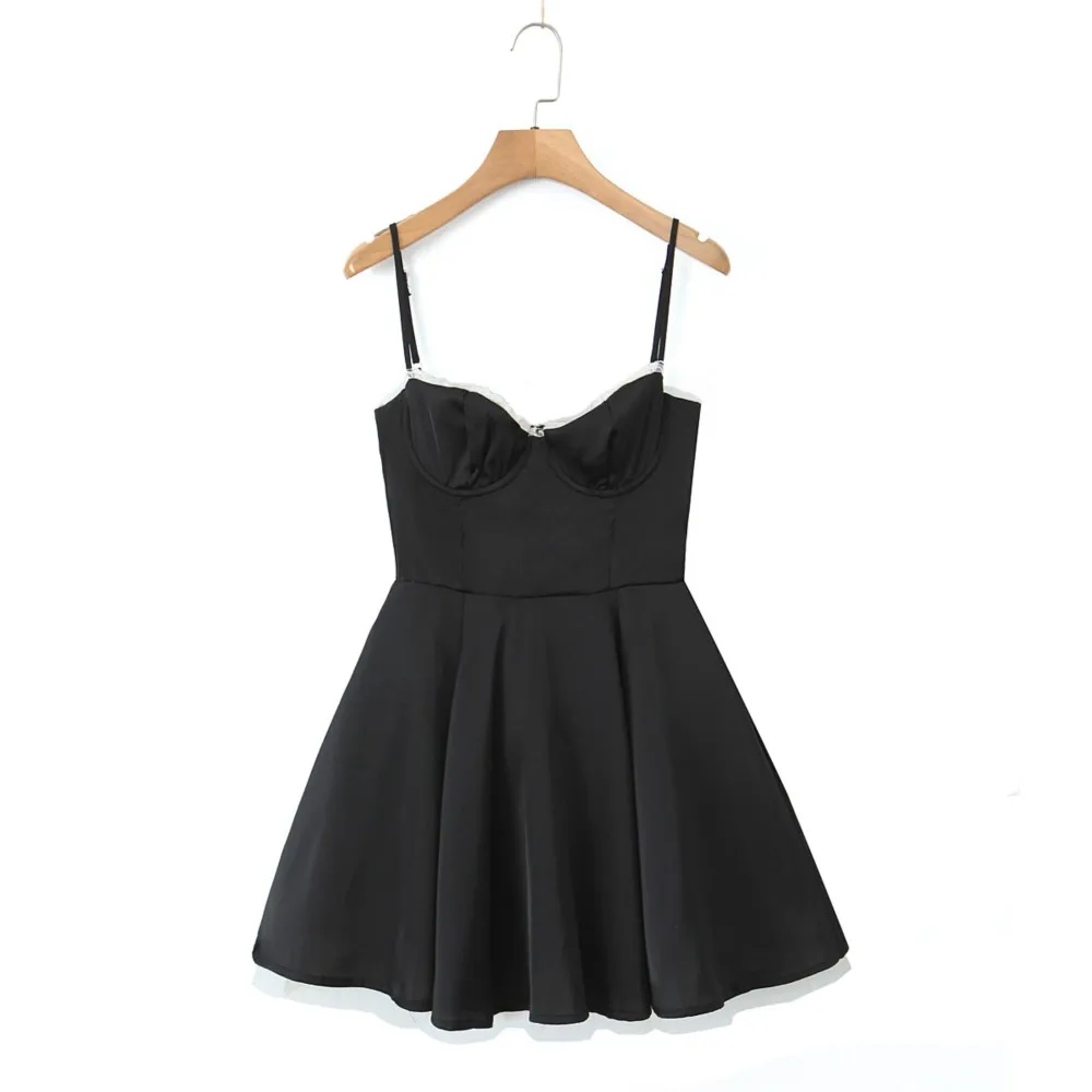 Vestido feminino sexy de cetim preto espartilho estilo sling, peito com renda dividida com arame, bainha de forro de 2 camadas, vestido de baile, robe girado