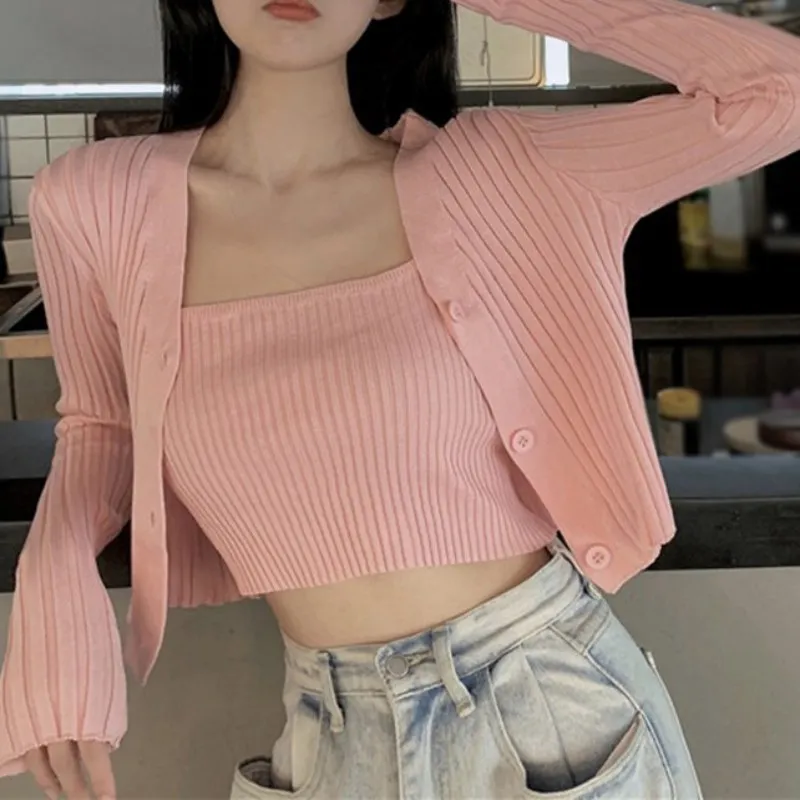 Women Knit Cropped Cardigan Casual Button Sweater Long Sleeve Shrug Knit Cardigan and Camisole Two-piece