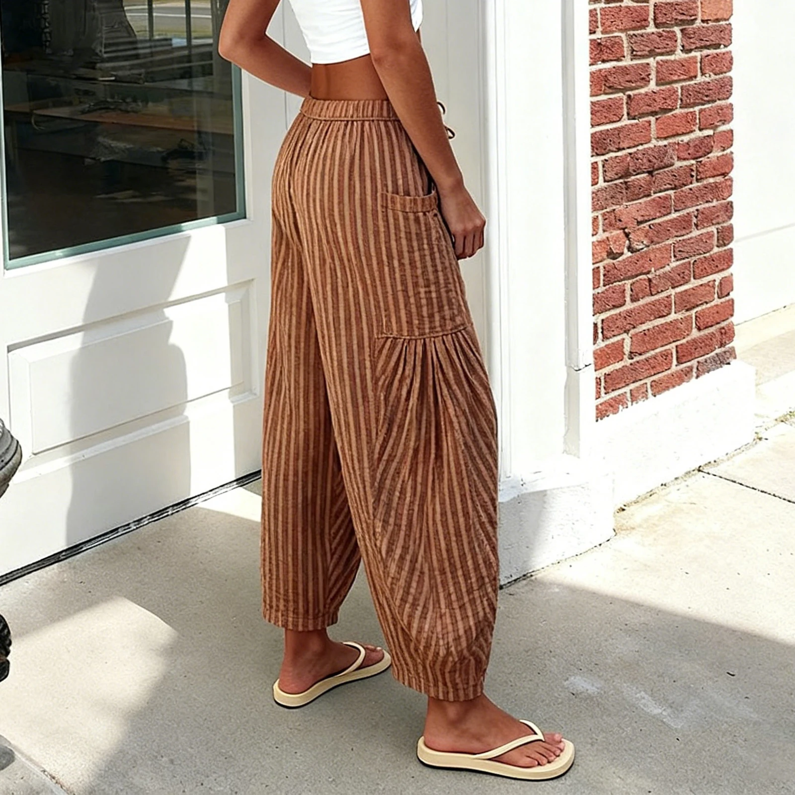 بنطال نسائي مخطط واسع الساق فضفاض مناسب بخصر مطاطي برباط مريح كاجوال للارتداء اليومي #4