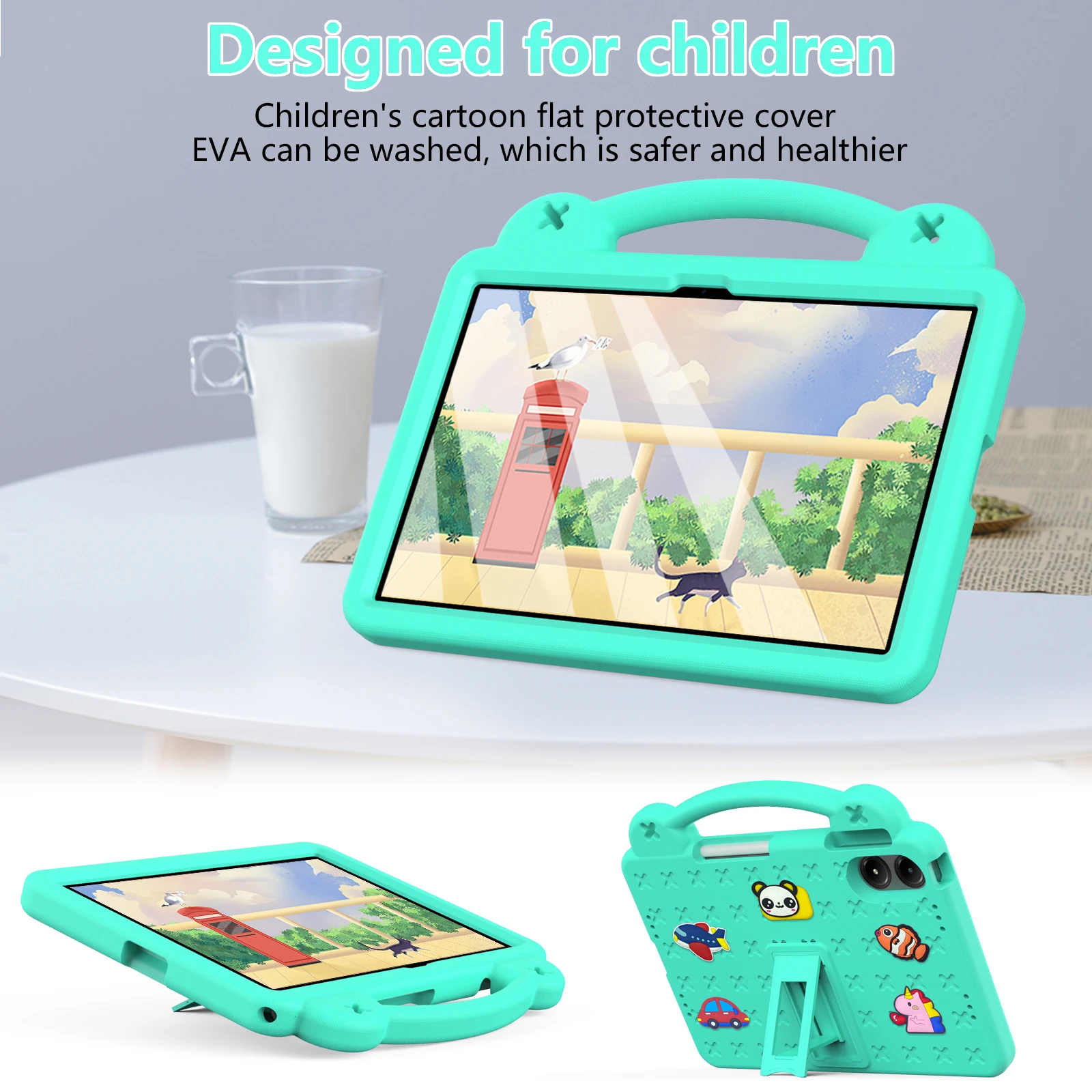 Dziecięcy, samodzielnie montowany futerał z pianki EVA do tabletów Xiaomi Poco Pad X1, C1, M1, 9, 8, 7 Pro 11,2", Redmi Pad 2 11", 9,7", Pro 12,1", SE 4G 8,7" – etui z podstawką. — zdjęcie produktu 2