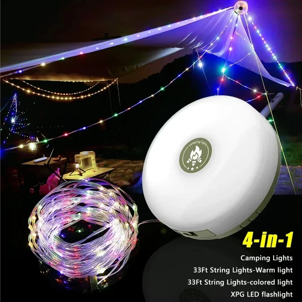 4-in-1 LED Rechargeable Camping Light 10Meter Recyclable Rolling String Light Waterproof Xmas Garden Tent Decor Atmosphere Light