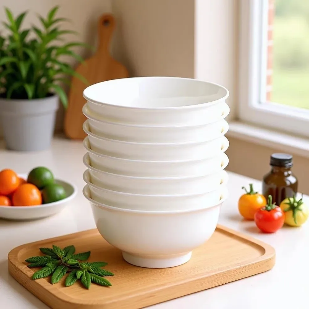 New White Melamine Bowls Imitation Porcelain Japanese Style Soup Bowl Unbreakable Anti-Fall Salad Bowls Utensils