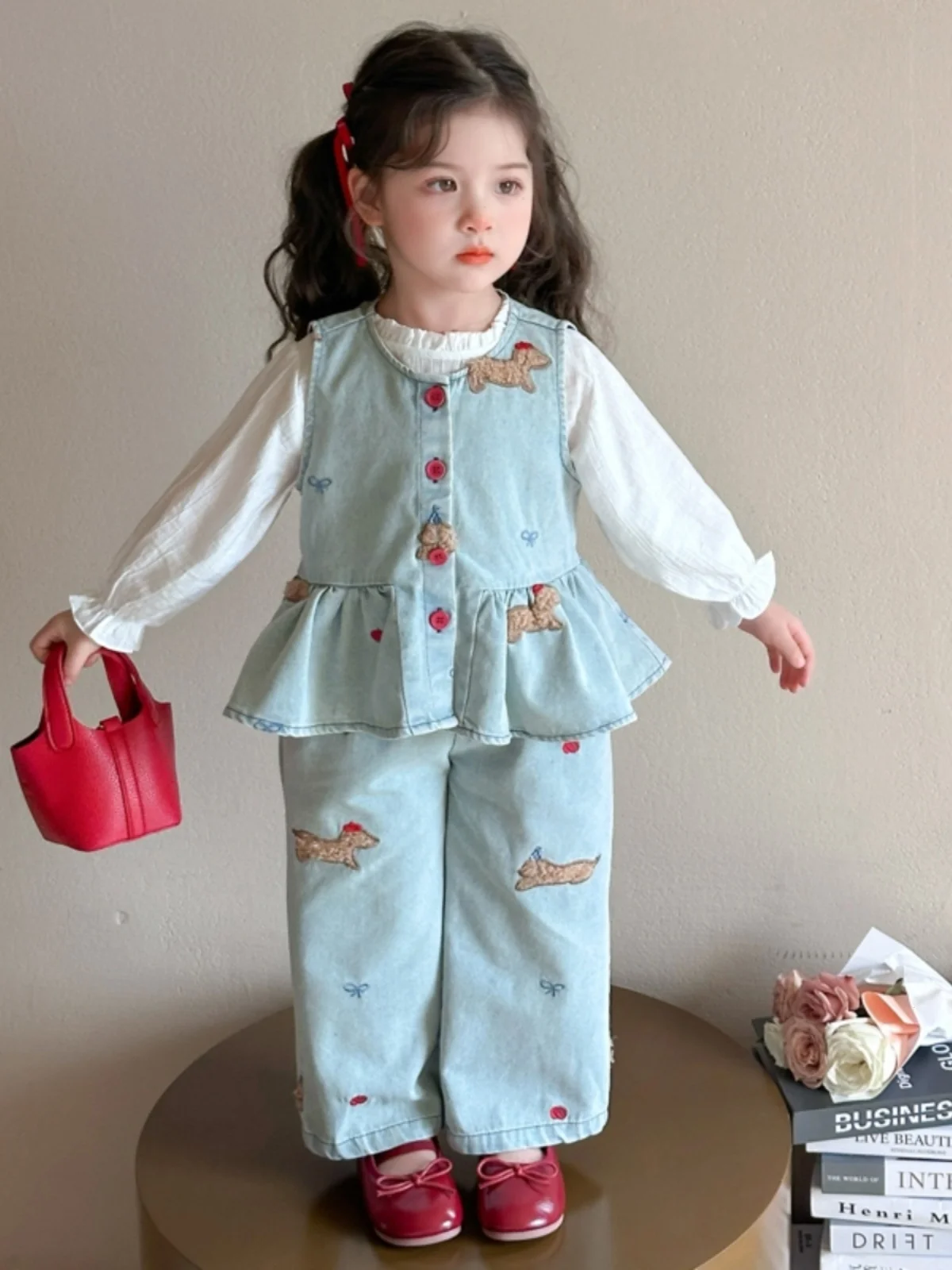 

Light Blue Denim Tee-Piece Set for Little Girls Svel Doll irt Wide Leg Pants No Brand Registered Trademark Cotton