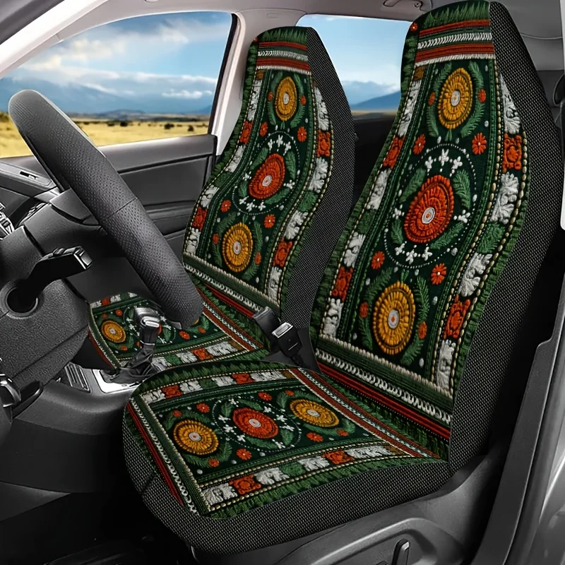 Two Bohemian Style Green Floral Print Car Seat Covers, Easy To Clean And Suitable For Both Men And Women, Fashionable Automotive