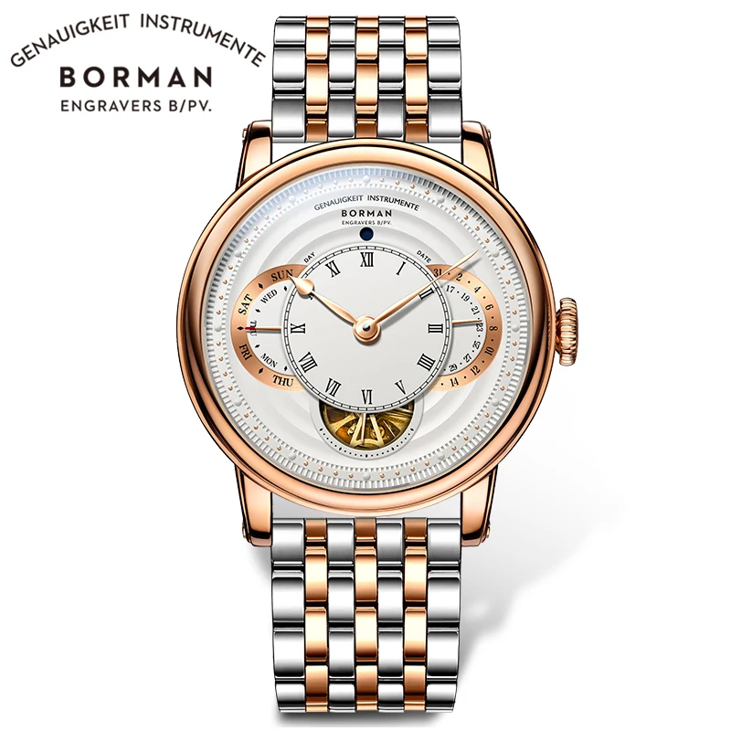 BORMAN Luxury Shanghai Automatic Mechanical Movement Mens Watch Stainless Steel Strap Open Work Self Winding Skeleton Watches