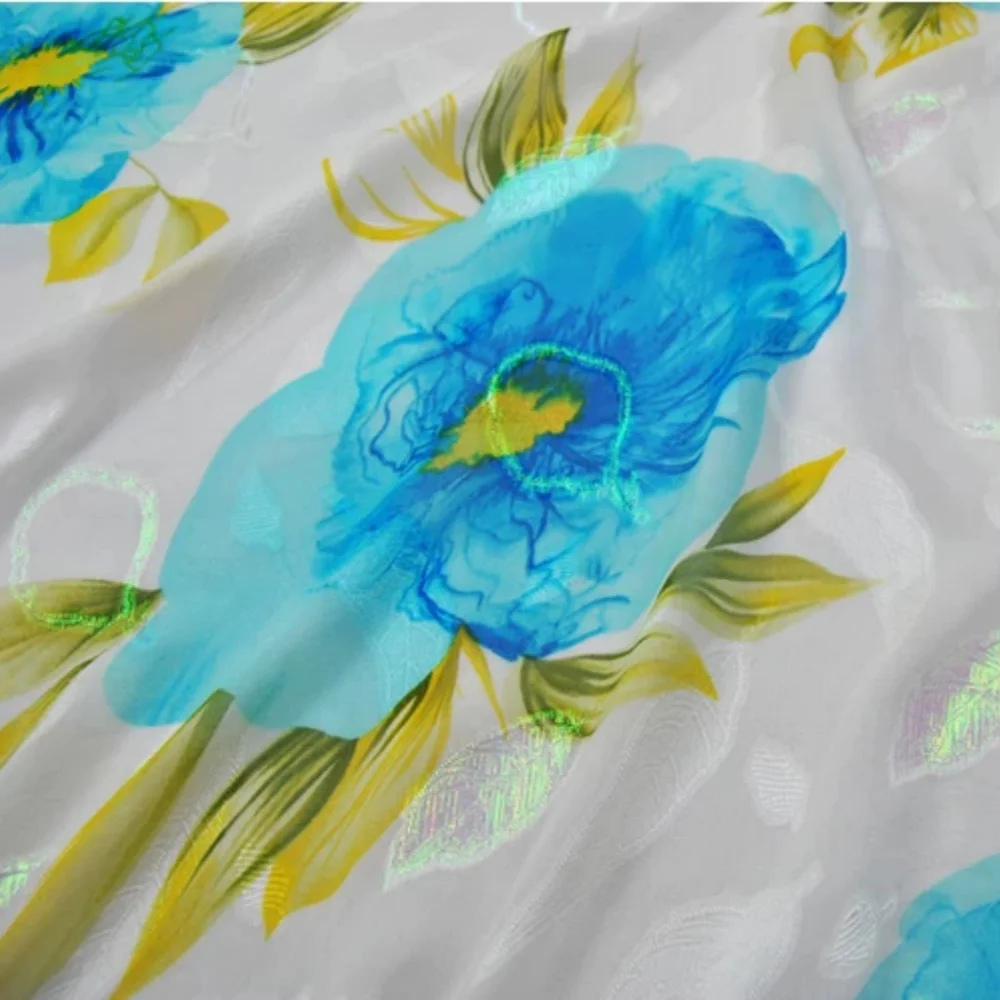 

Shiny Large Blue Floral Design Breathable Feeling Peaceful Material High Quality Silk Cut Out Fabric for Women Holiday Dress