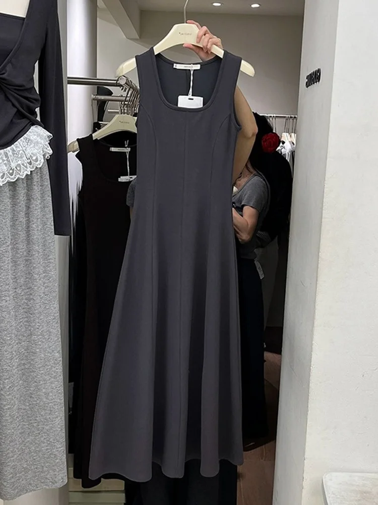

Summer New Simple Pure Color Dress Design Sensation Unique Waist Slim Vest Long Dress Commute Style High Waist A-Line Skirt