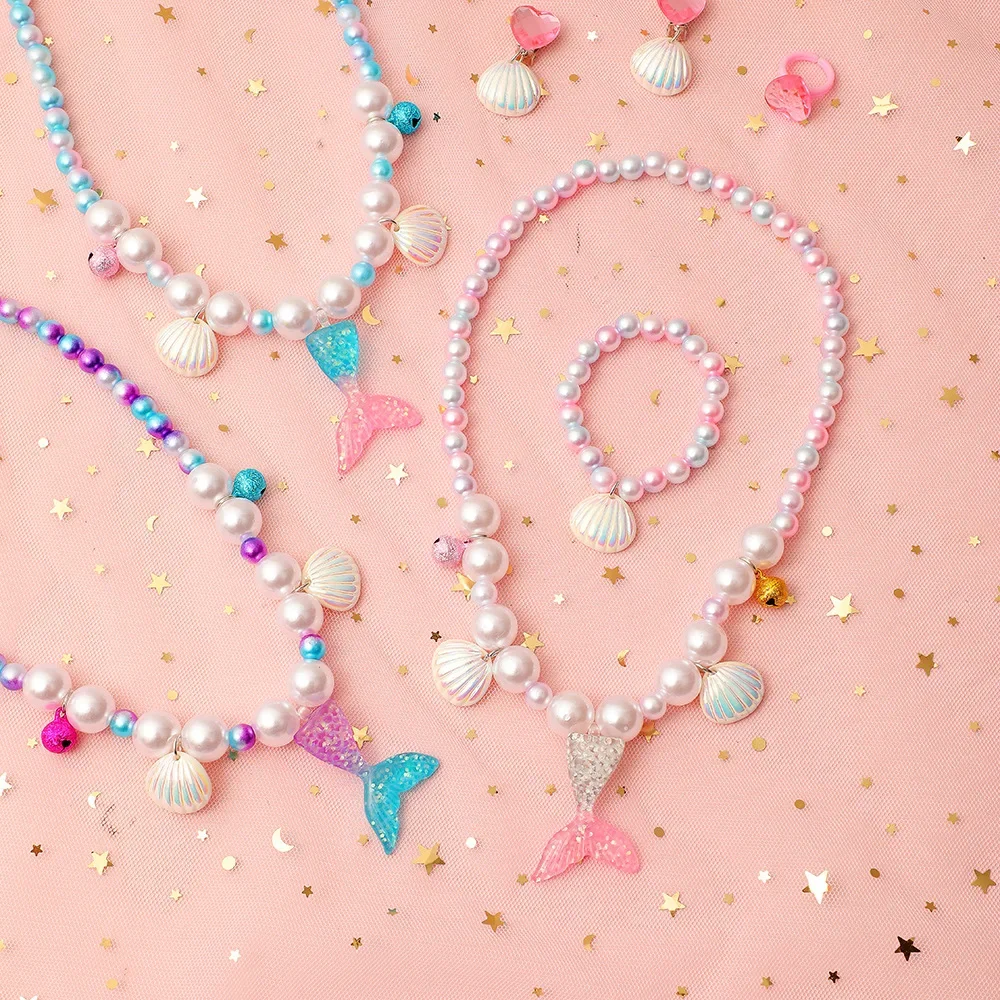 

Children Beaded Jewelry Set Cute Mermaid Tail Necklace Shell Bracelet Earrings and Ring for Little Girl Birthday Christmas Party