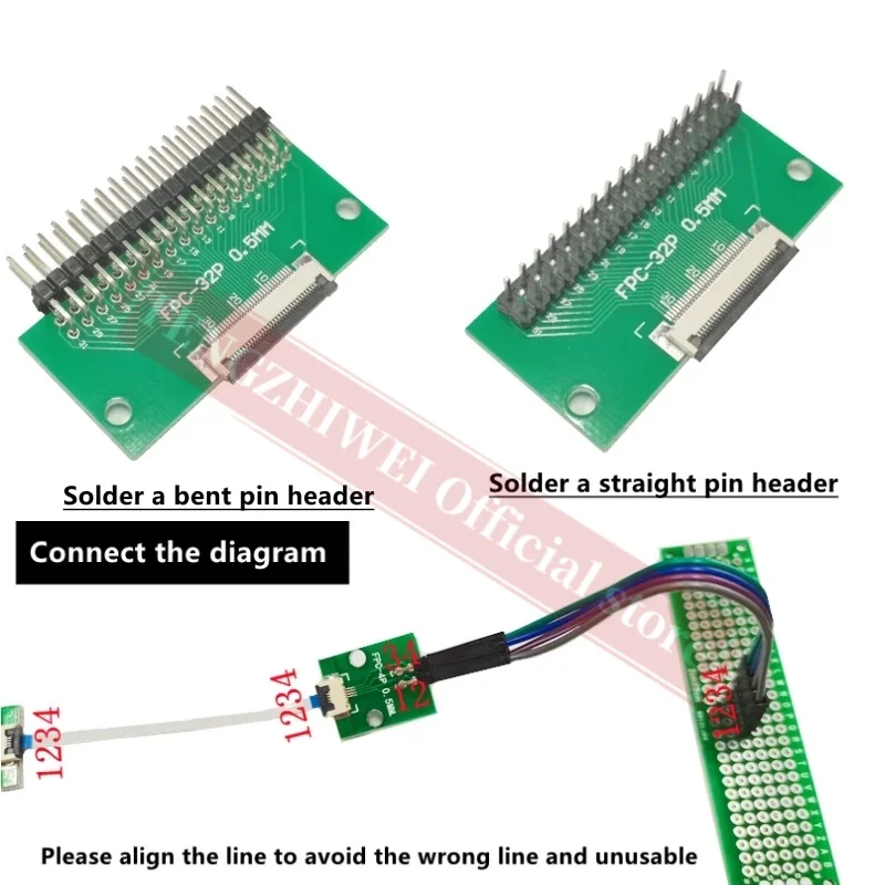 Conector soldado flip-top, cabeçalhos de pinos retos e dobrados, placa adaptadora FFC FPC, 0,5mm-32P a 2,54mm, 2pcs