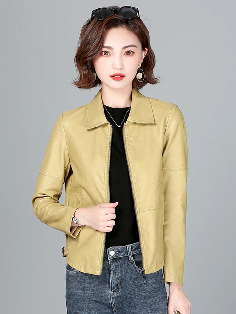 Giacca in Vera Pelle Nera da Donna, Stile Sportivo, Primavera-Autunno, con Cerniera e Colletto, per il Lavoro, Taglia Piccola, Novità 2025