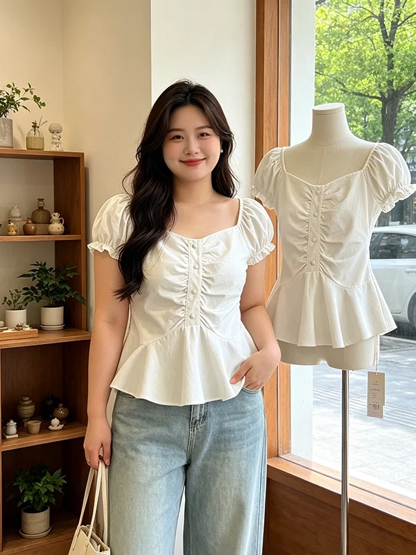 

plus Size Women's Shirt Summer New Design Folded Bubble Sleeve Short Sleeve Slimming Top Versatile Commute Style Korean Version