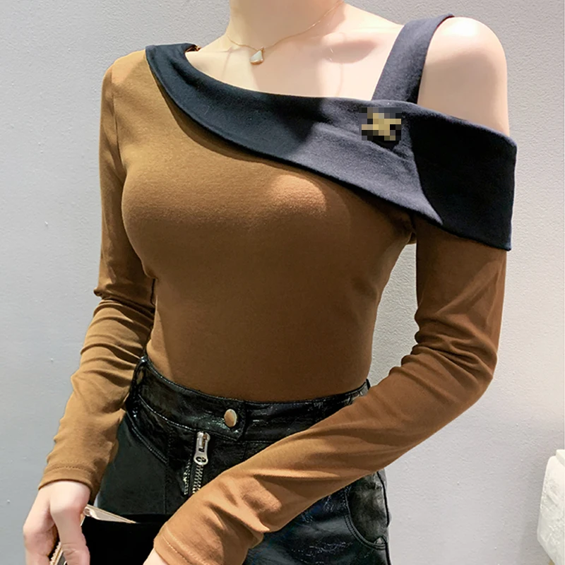 Camiseta de algodón de estilo coreano para mujer, blusa elegante y Sexy con cuello de madeja y hombros descubiertos, Tops de manga larga 2023