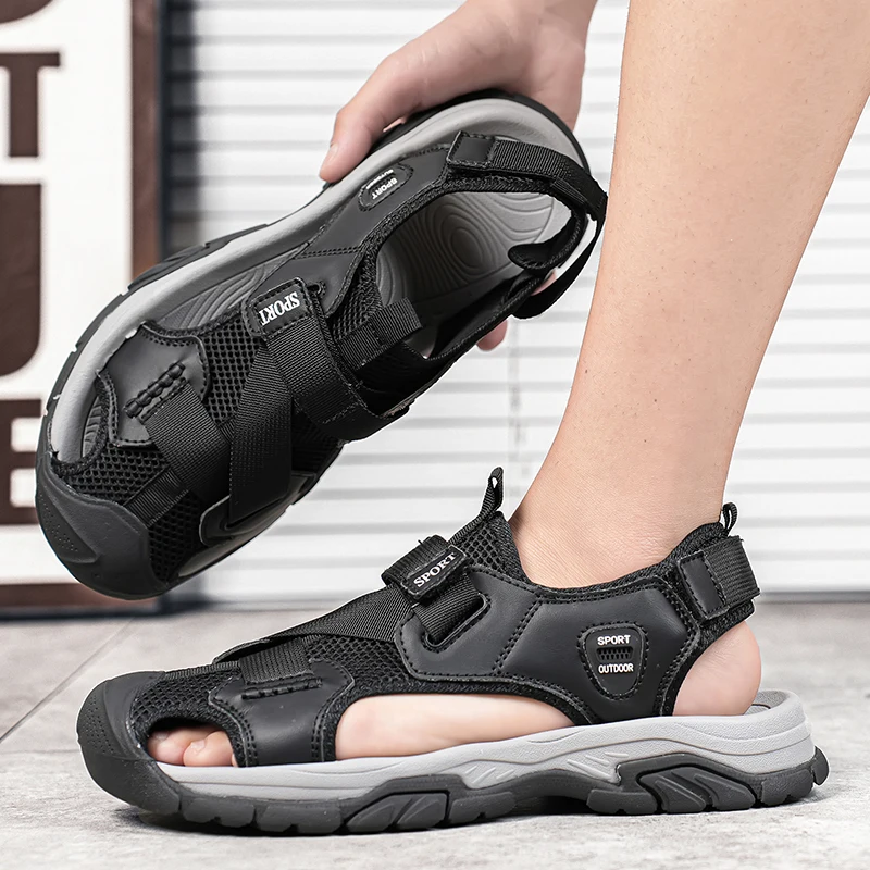 

2025 Men's top-grain cowhide large-sized swimming, fishing, anti-slip beach shoes, thick-soled outdoor comfortable sandals