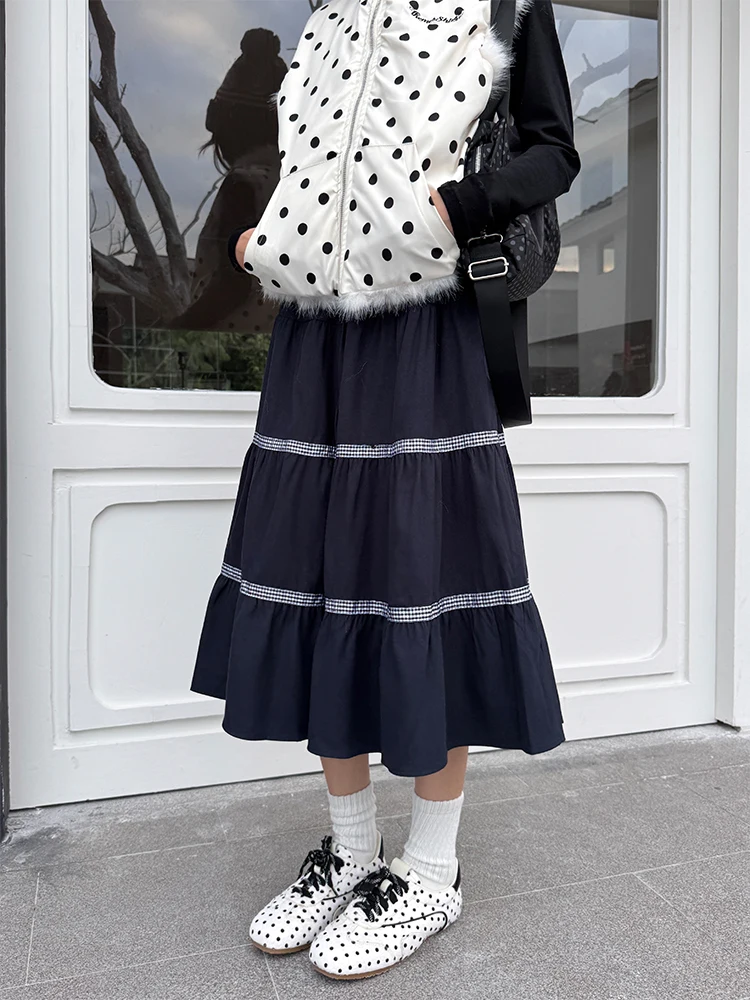 

URKR Корейская женская юбка в клетку с пэчворком, повседневная, осенне-зимняя, средней длины, А-силуэт, универсальная, в студенческом стиле