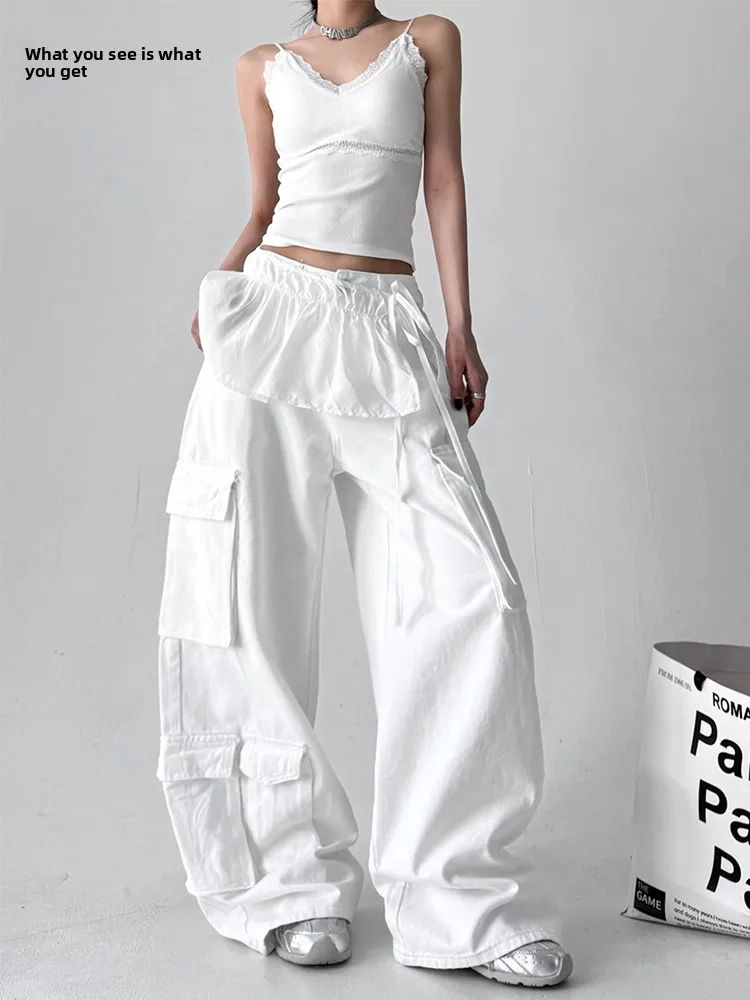 

Брюки для танцев в стиле хип-хоп American Sle High Street, женские летние новые широкие брюки, рабочая одежда Multi ket, модная брендовая белая одежда