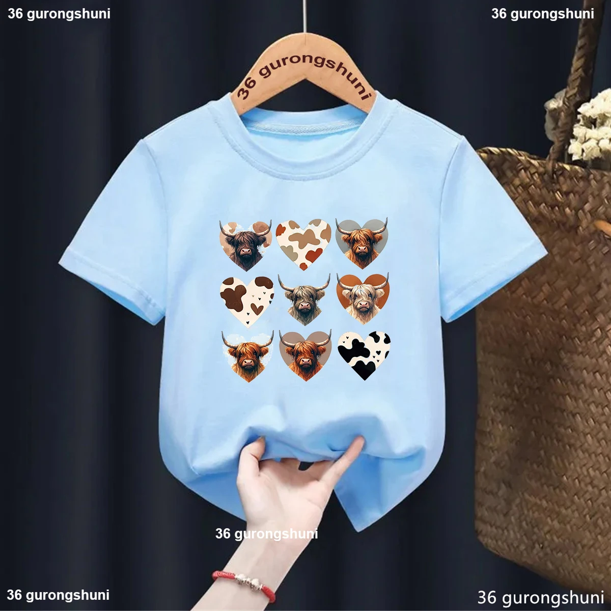 Cute Cows Valentines Printing Girls T Shirt Fashion O-Neck Kids Short Sleeve Tees Children White/Blue/Pink Solid Tshirt Tops