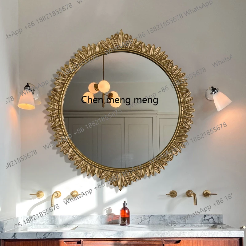 

French Retro Bathroom Mirror Round Entrance Fireplace Decoration American Style Bathroom Makeup Mirror