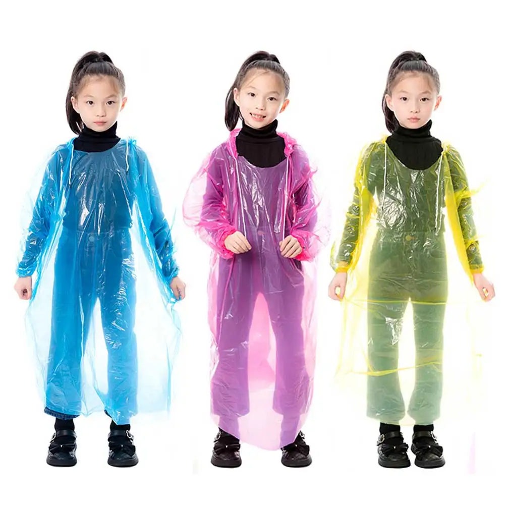 3Pcs Kids Travel Raincoat with Drawstring Hood Disposable Plastic Rain Poncho Rainwear for Outdoor Camping/Recreation/Hiking