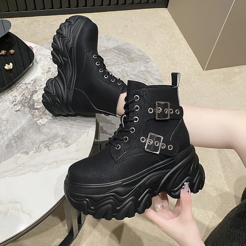 Women High Platform Punk Boots Winter 2023 British Style Thick-soled Ankle Shoes Metal Chain Short Boots New Chunky Sneakers 9CM