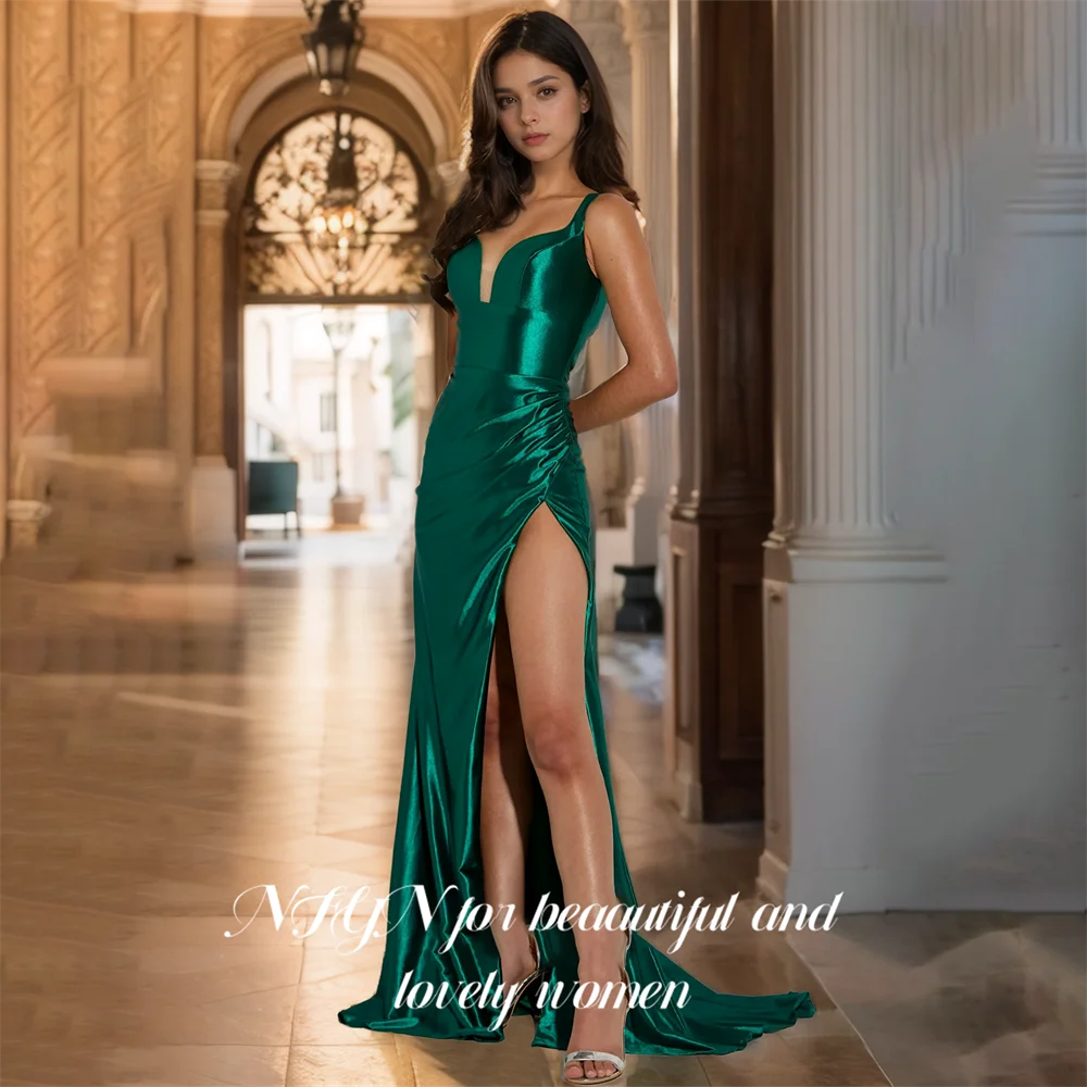 

NFYN Dark Green Stain Evening Dresses Sweetheart Mermaid Sexy Evening Gown Pleat Party Dress with Slit Formal Dress Customized