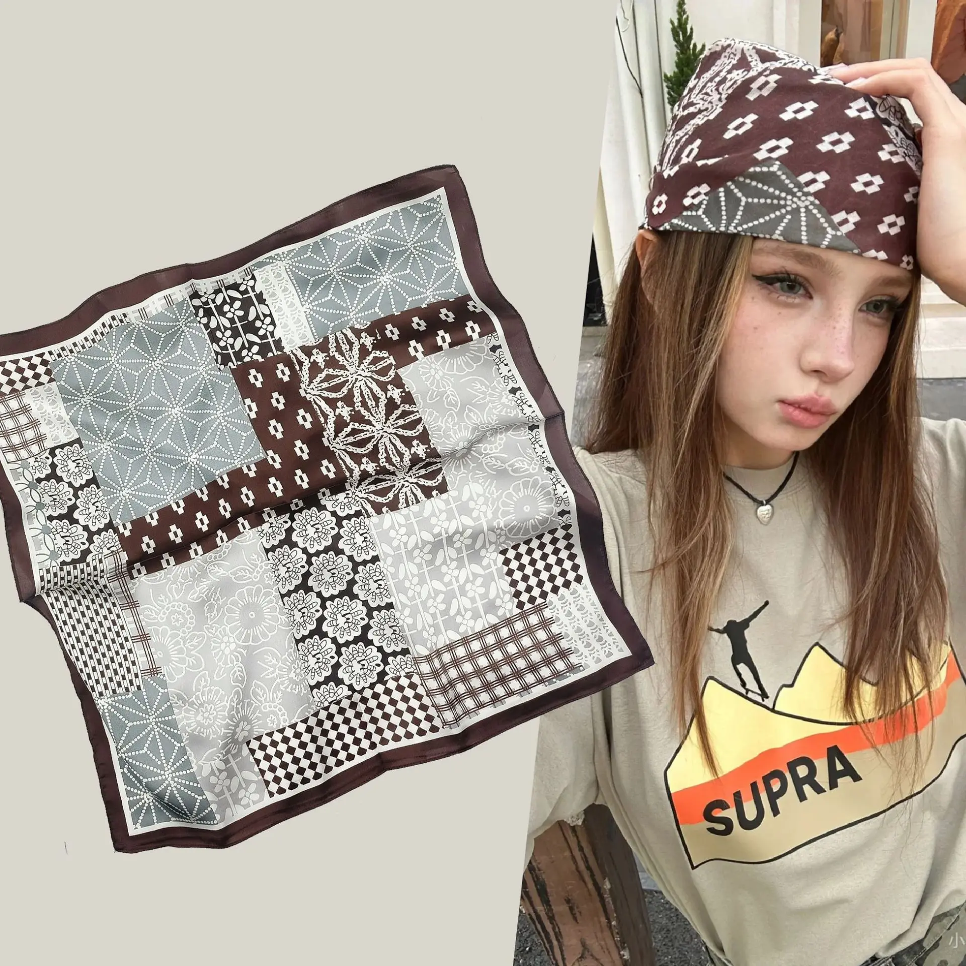 Damen Hip-Hop Street Dance quadratischer Seidenschal mit Paisley-Print, dünner, glatter Halstuch, Vintage Y2K-Stil, Sonnenschutz-Kopftuch für Frauen